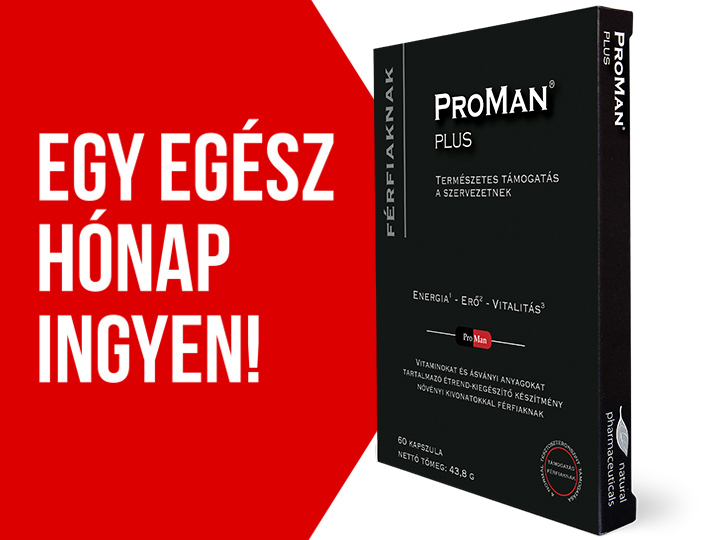 Natural Pharmaceuticals ProMan® Plus étrend-kiegészítő csomagolása fehér alapon, bal oldalon piros háttérrel, fehér szöveggel „Egy egész hónap ingyen!”.