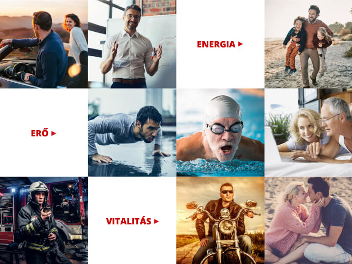 Natural Pharmaceuticals ProMan® Plus Emberek különböző élethelyzetekben, illusztrációk az emberekről a szabadban, sportolás közben és családi pillanatokban.