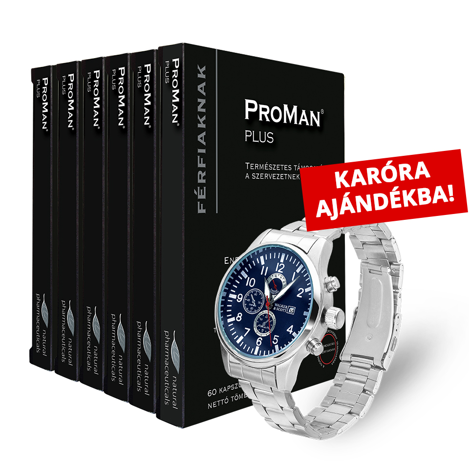 Natural Pharmaceuticals ProMan® Plus ProMan® Plus férfi étrend-kiegészítő hat kapszulás csomag, ingyenes karóra ajándékkal a természetes támogatásért.