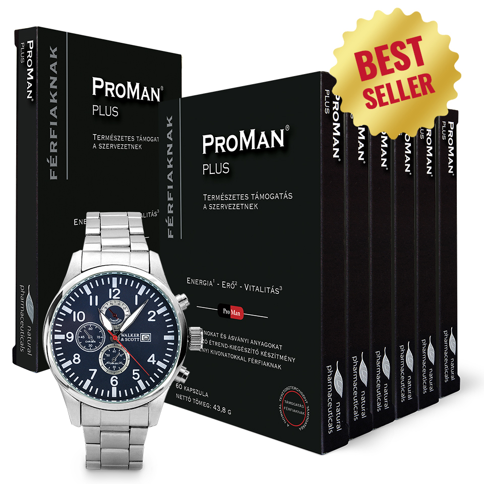 Natural Pharmaceuticals ProMan® Plus ProMan® Plus férfi étrend-kiegészítő kapszulák csomagolása és ezüst színű karóra.