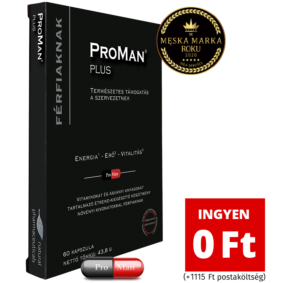 Natural Pharmaceuticals ProMan® Plus ProMan® Plus A ProMan® Plus étrend-kiegészítő csomagolása férfiaknak, „Energia - Erő - Vitalitás” felirattal. Mellette látható szürke és piros színű kapszula a »Pro Man« felirattal. A jobb felső sarokban arany embléma a »Az év férfimárkája 2020 - A minőség ereje« felirattal.